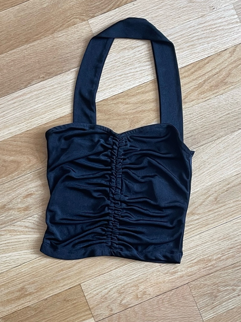 Black Ruched Halter Crop Top